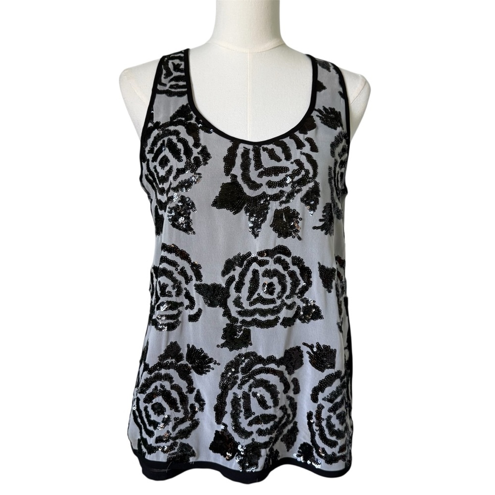 KAREN KANE | Black & White Sequined Floral Sleeveless Tank Top Sz S